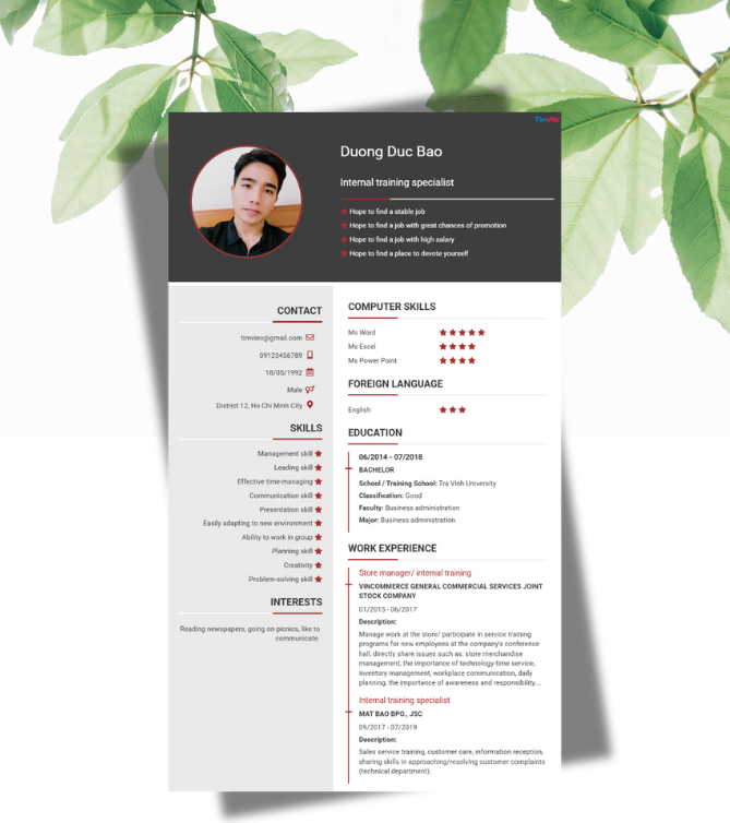 Mẫu CV tiếng Anh - Mẫu CV chuyên viên đào tạo nội bộ - CV.timviec.com.vn