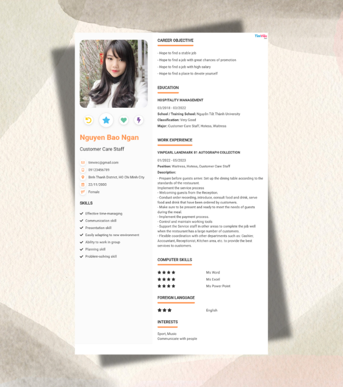 Mẫu CV tiếng Anh - Mẫu CV Nhân viên tư vấn - CV.timviec.com.vn