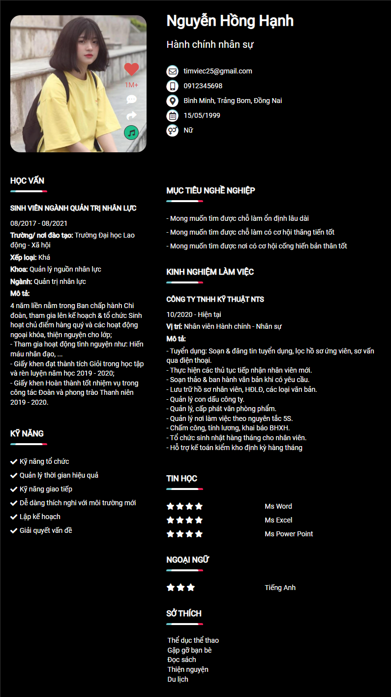 Mẫu CV Nhân Viên Hành Chính