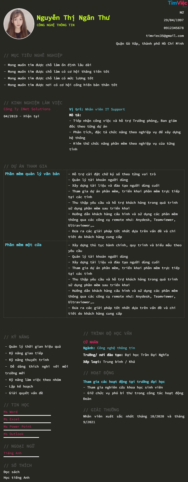 Mẫu CV Nhân Viên IT