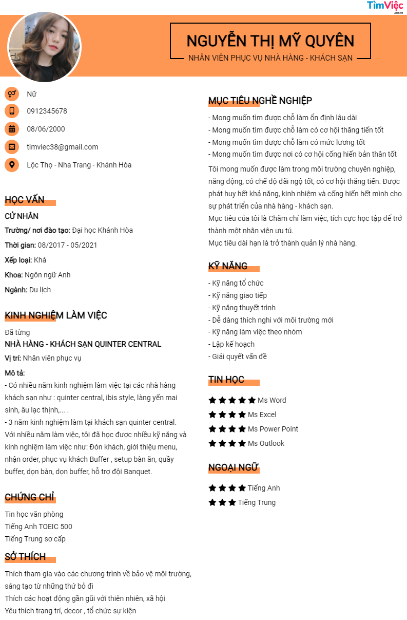 Mẫu CV Nhà hàng Khách sạn