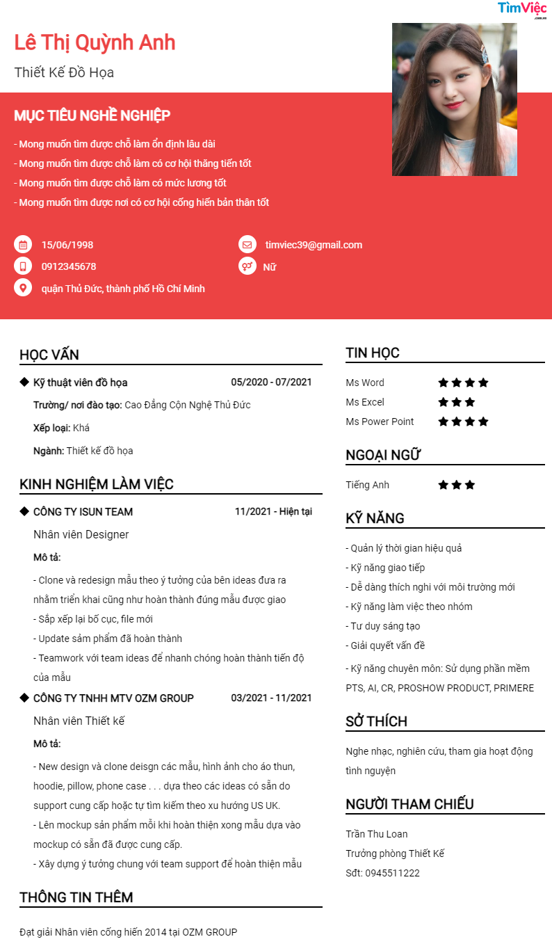 Mẫu CV xin việc Thiết Kế Đồ Họa