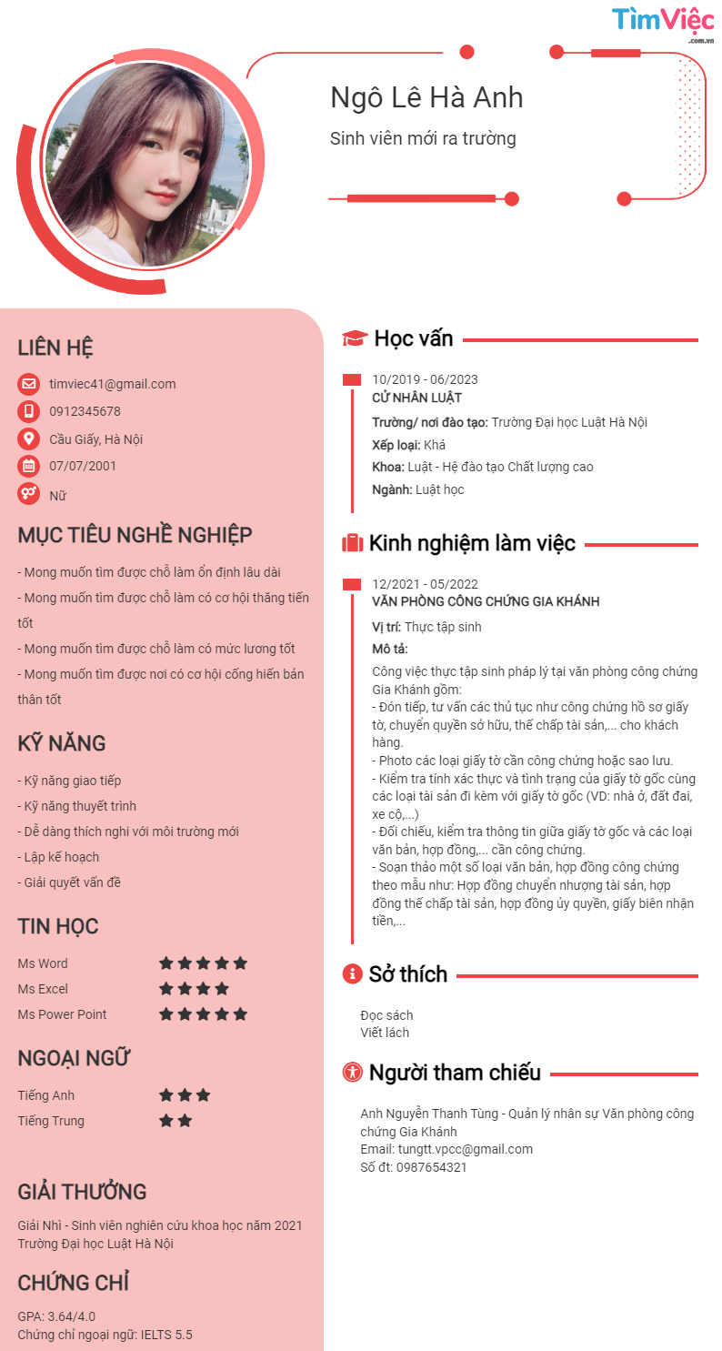Mẫu CV cho sinh viên thực tập, mới ra trường