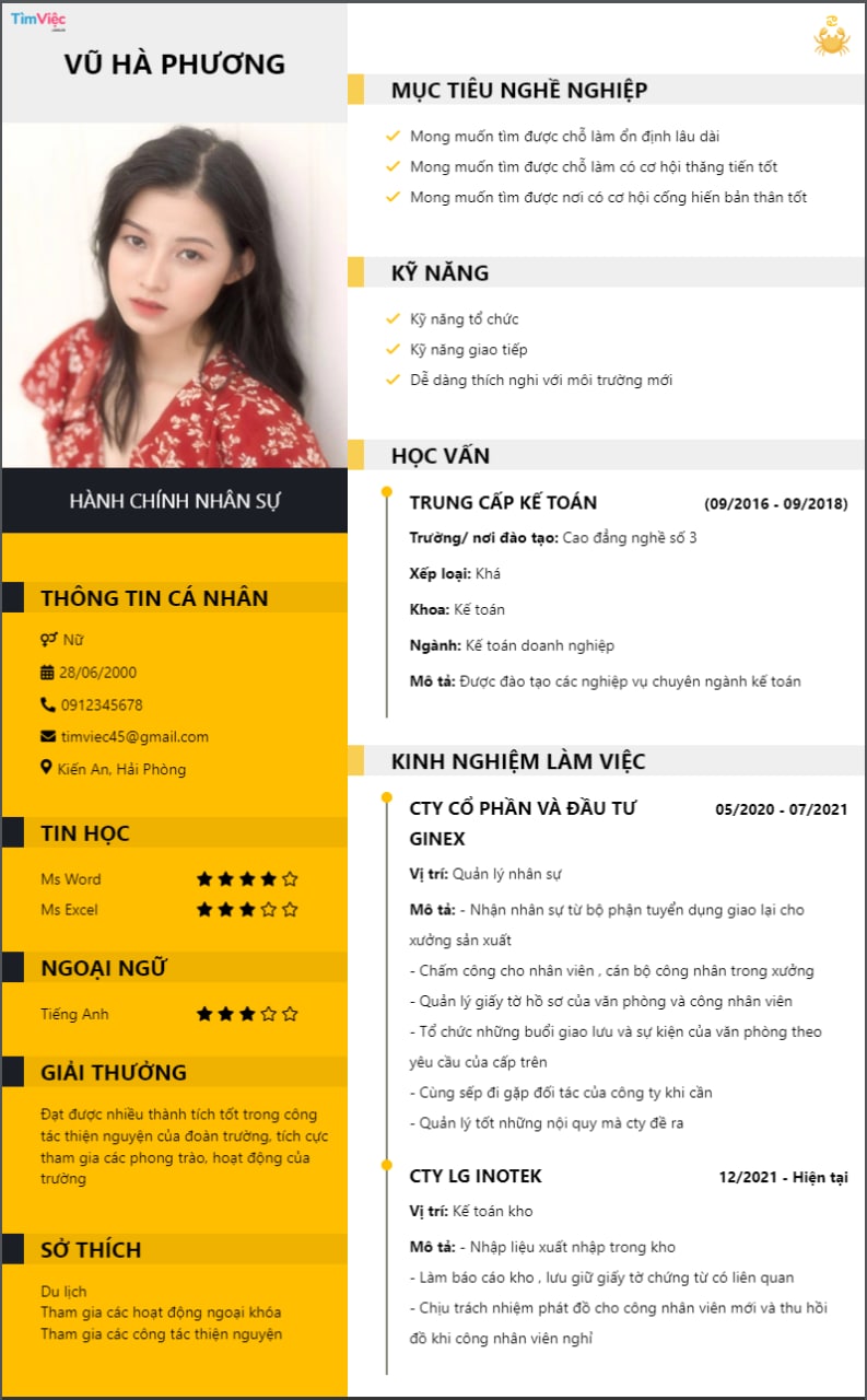 Mẫu CV cung Cự giải