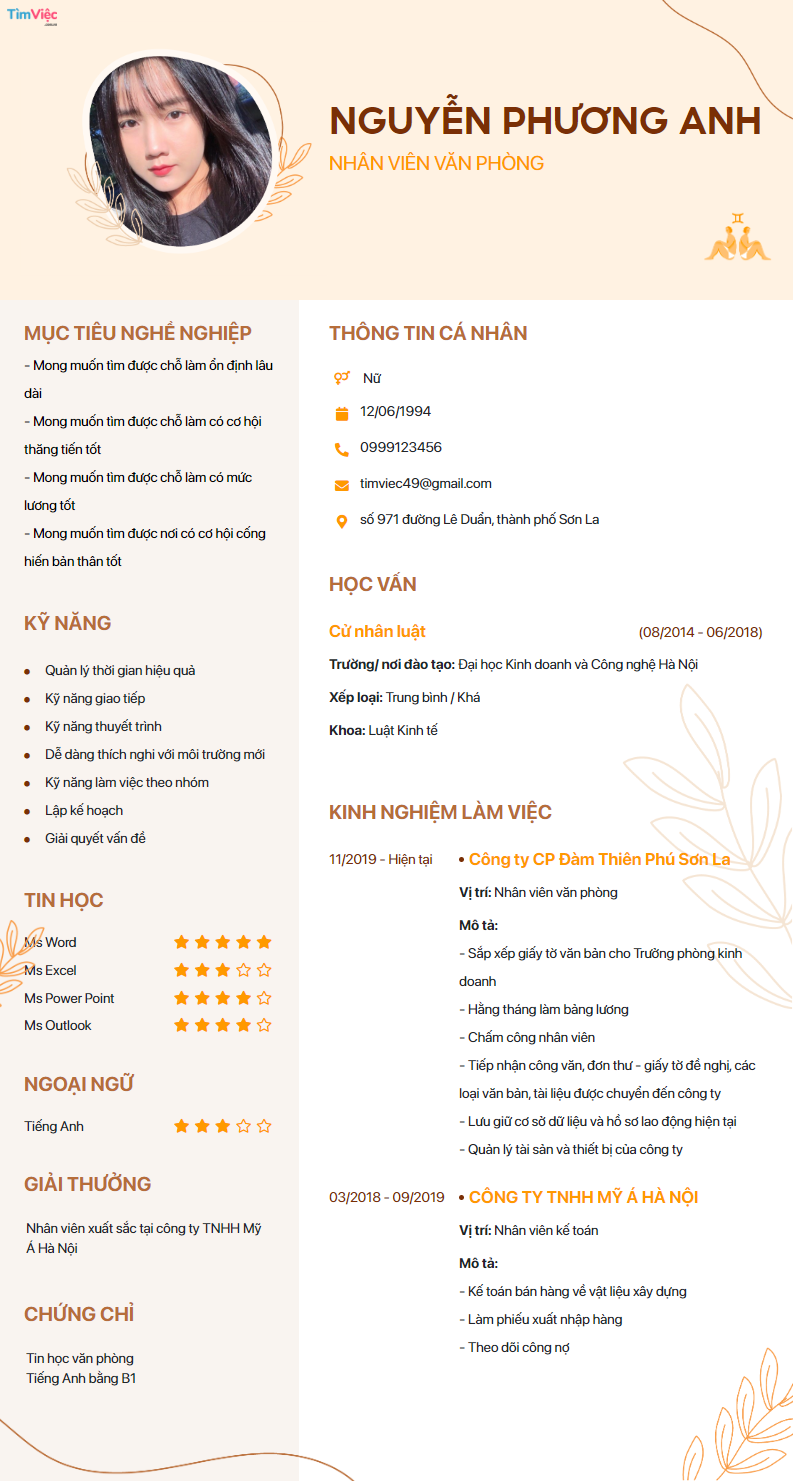 Mẫu CV cung Song Tử