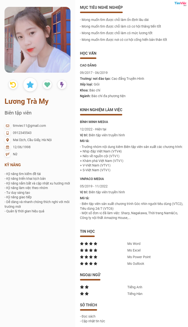 Mẫu CV Biên Tập Viên