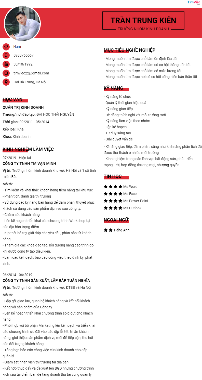 Mẫu CV Trưởng Nhóm Kinh Doanh