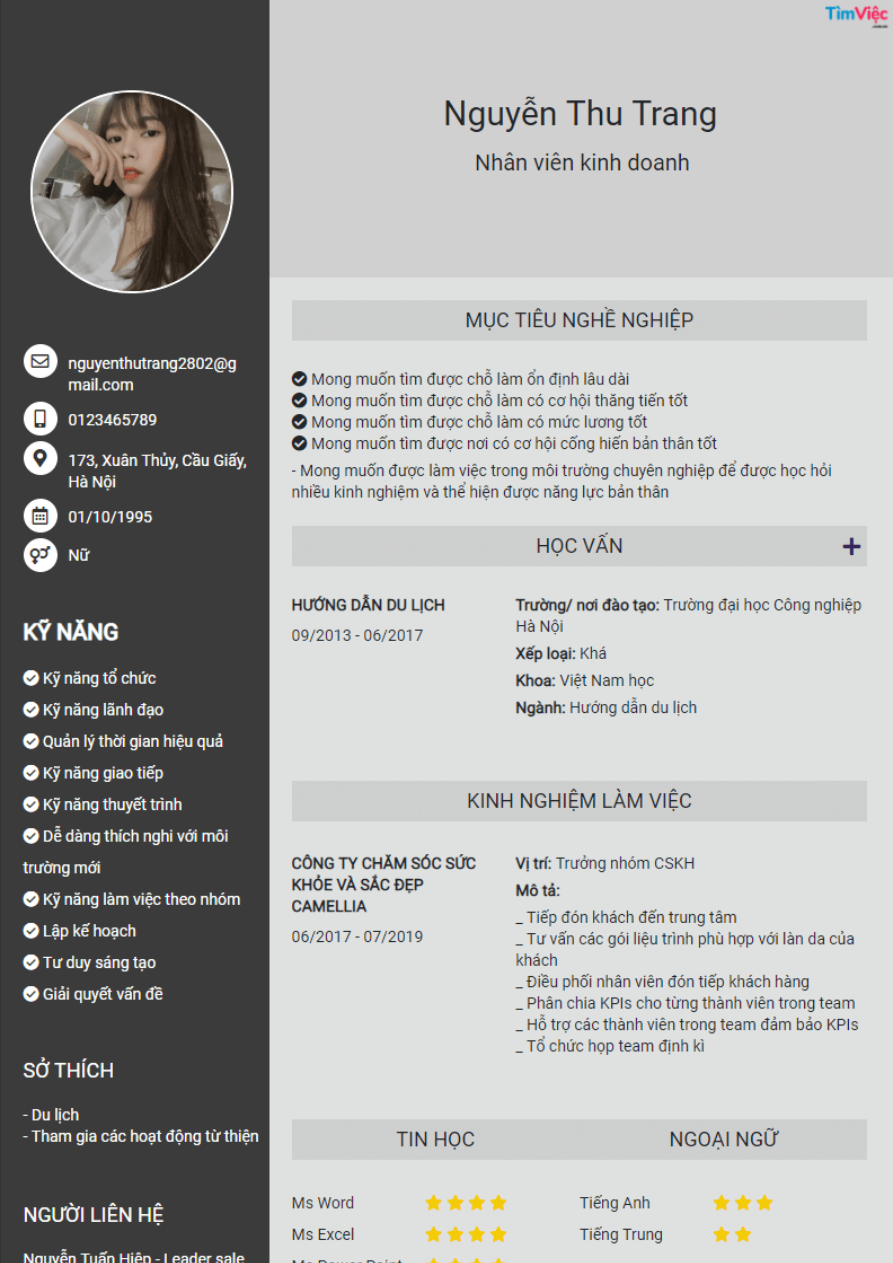 Mẫu CV xin việc tiêu chuẩn