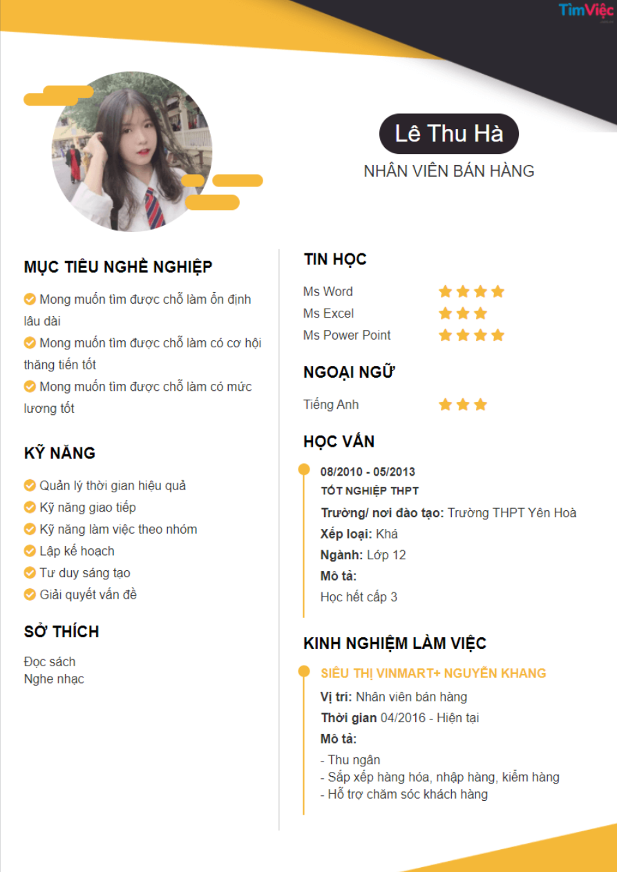 Mẫu CV Nhân Viên Bán hàng