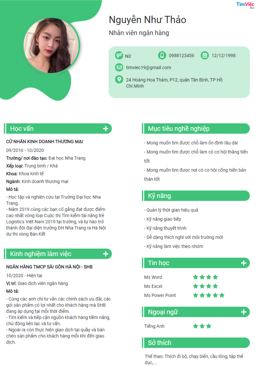 Mẫu CV xin việc ngành ngành Ngân hàng
