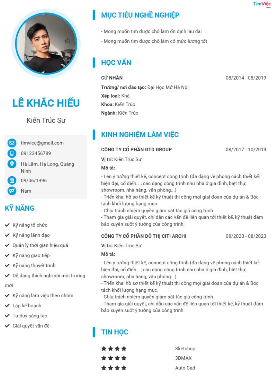 Mẫu CV xin việc ngành ứng viên ngành Kiến trúc