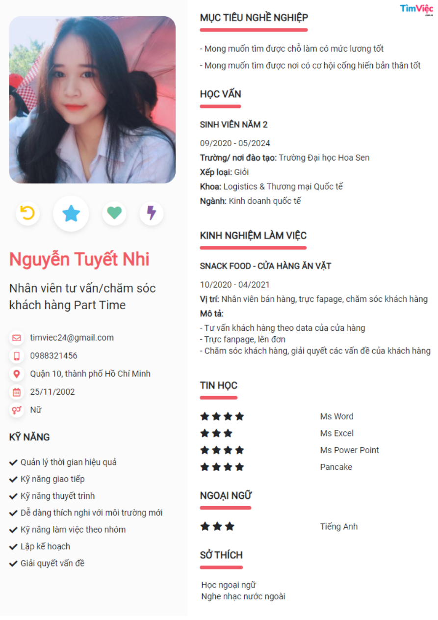 Mẫu CV xin việc Part Time