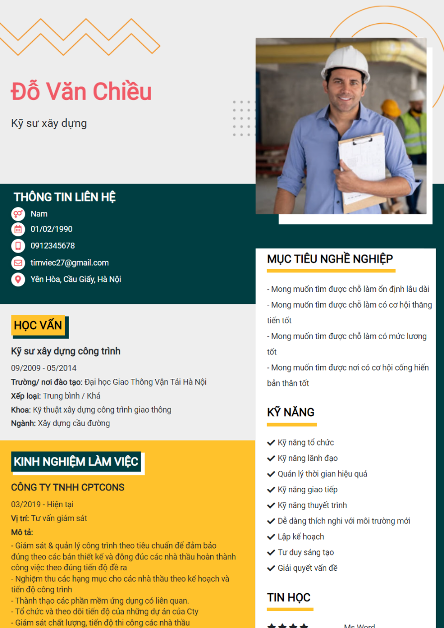 Mẫu CV xin việc Xây dựng