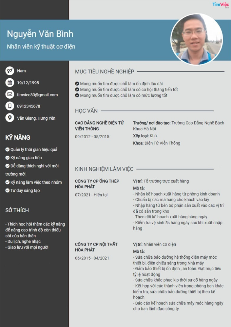 Mẫu CV xin việc ngành Kỹ thuật