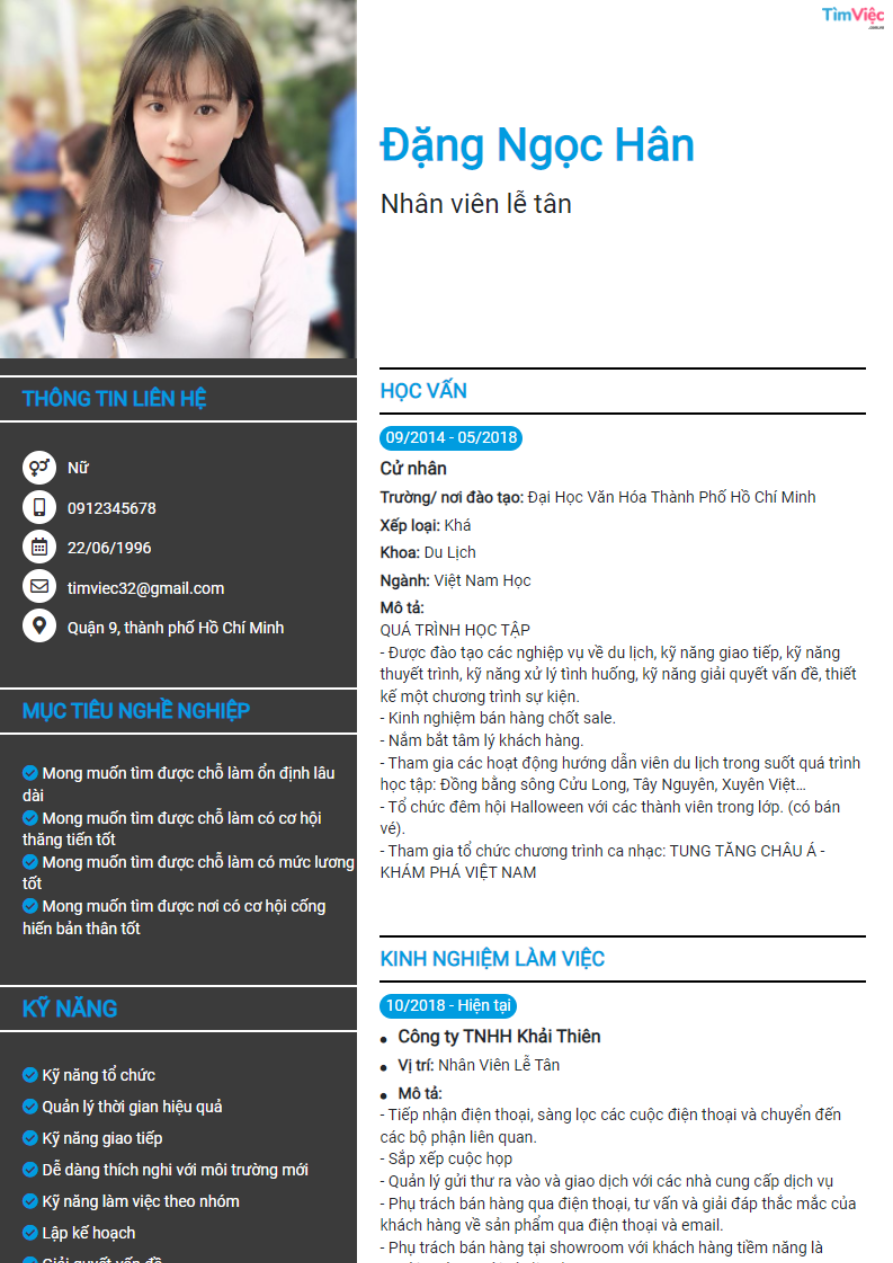 Mẫu CV xin việc Lễ tân