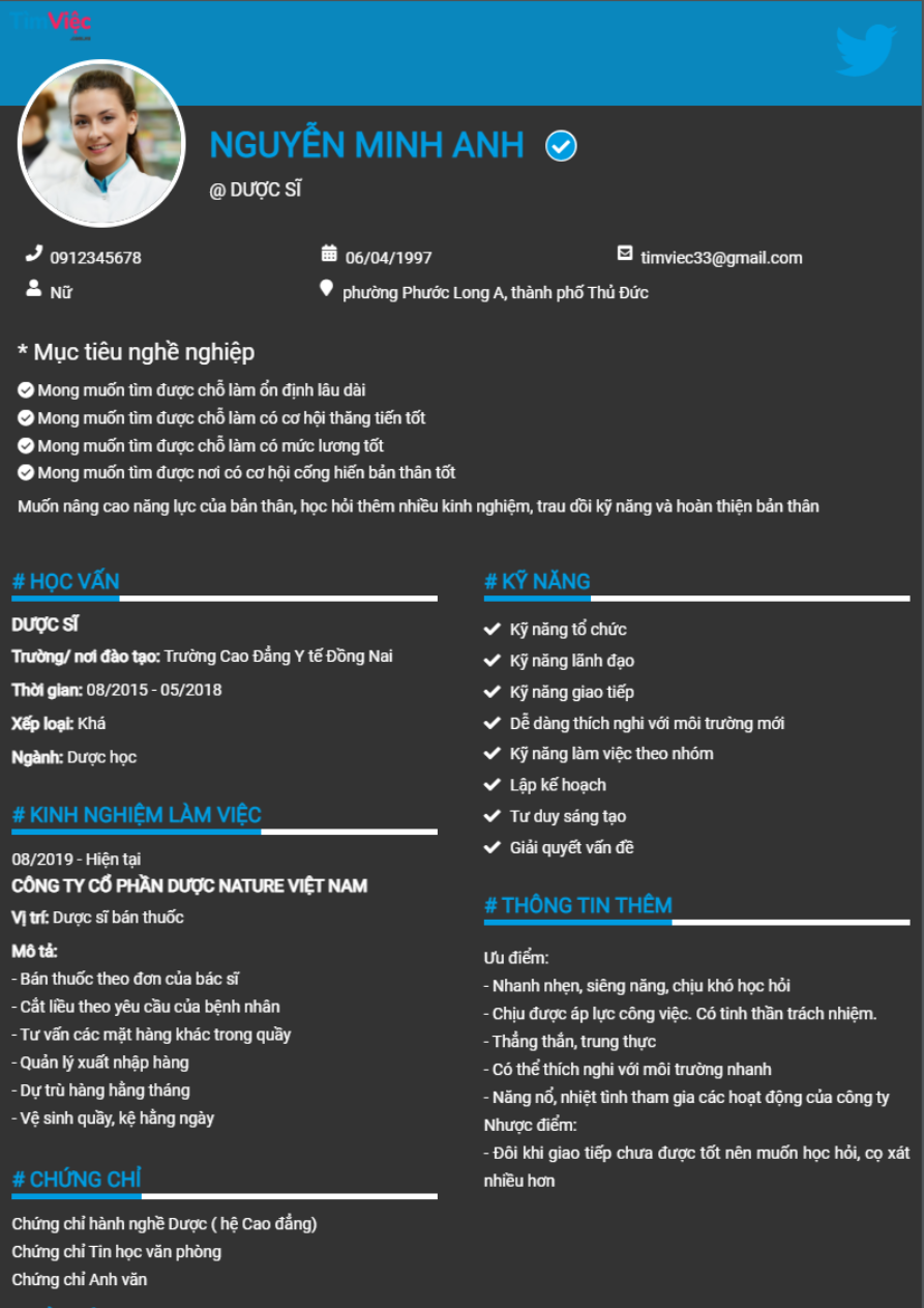 Mẫu CV Trình Dược Viên