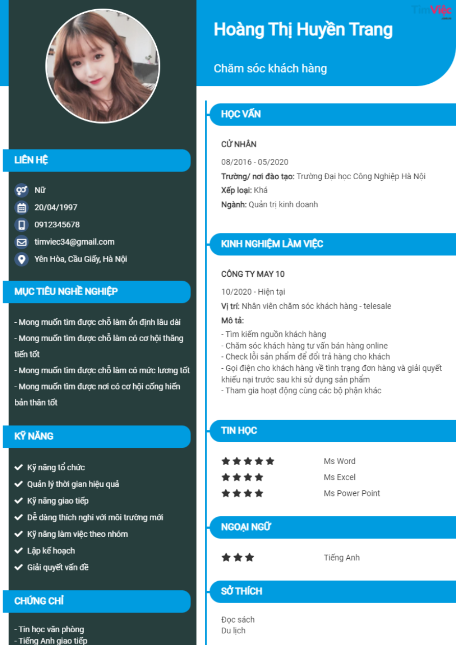 Mẫu CV Chăm sóc khách hàng