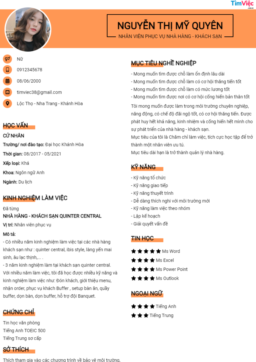 Mẫu CV Nhà hàng Khách sạn