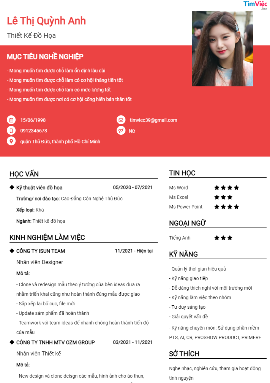 Mẫu CV xin việc Thiết Kế Đồ Họa
