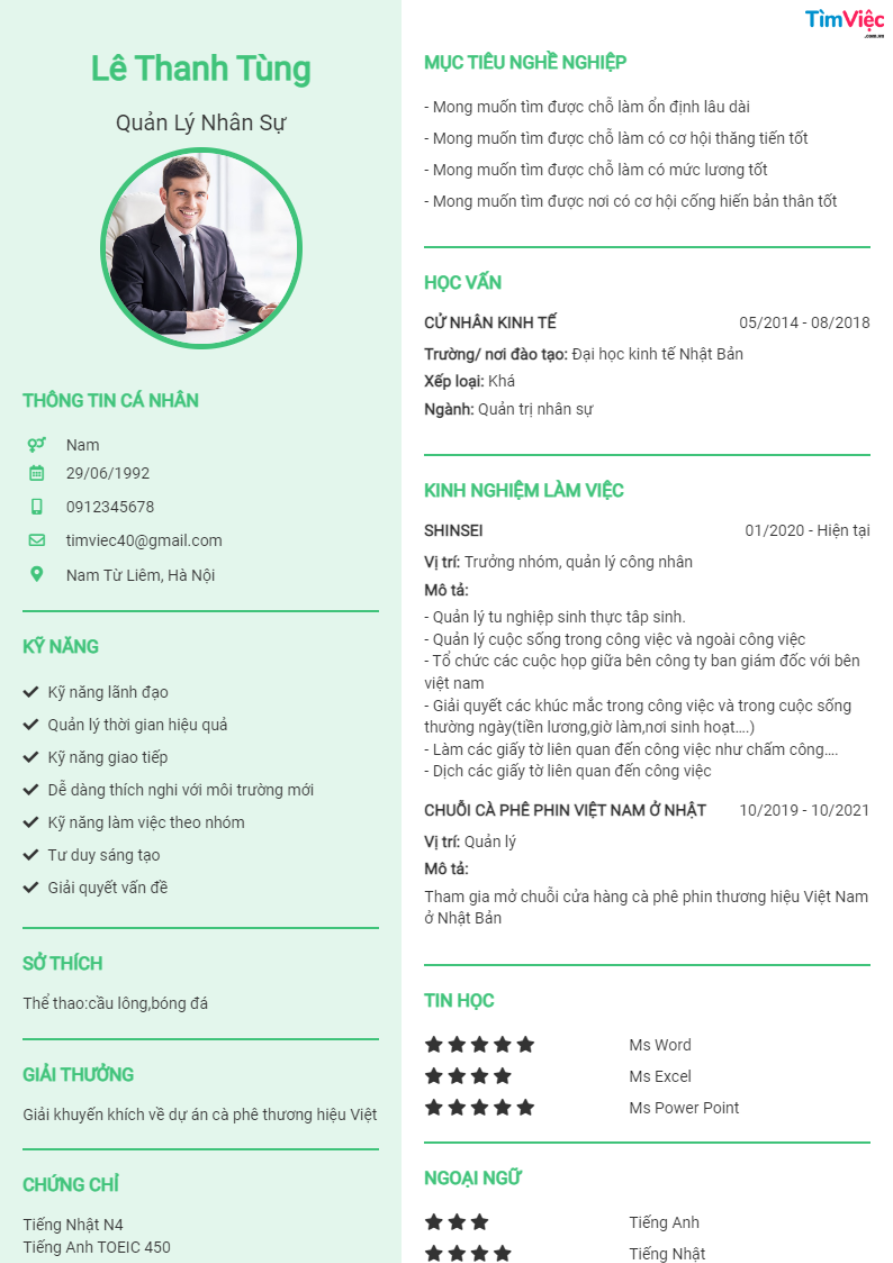 Mẫu CV Quản Lý