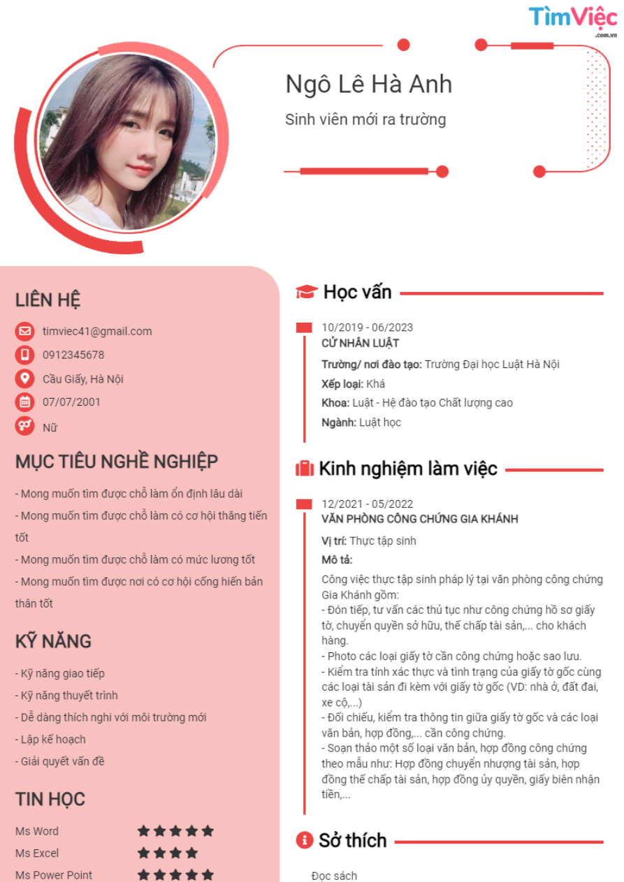 Mẫu CV cho sinh viên mới ra trường