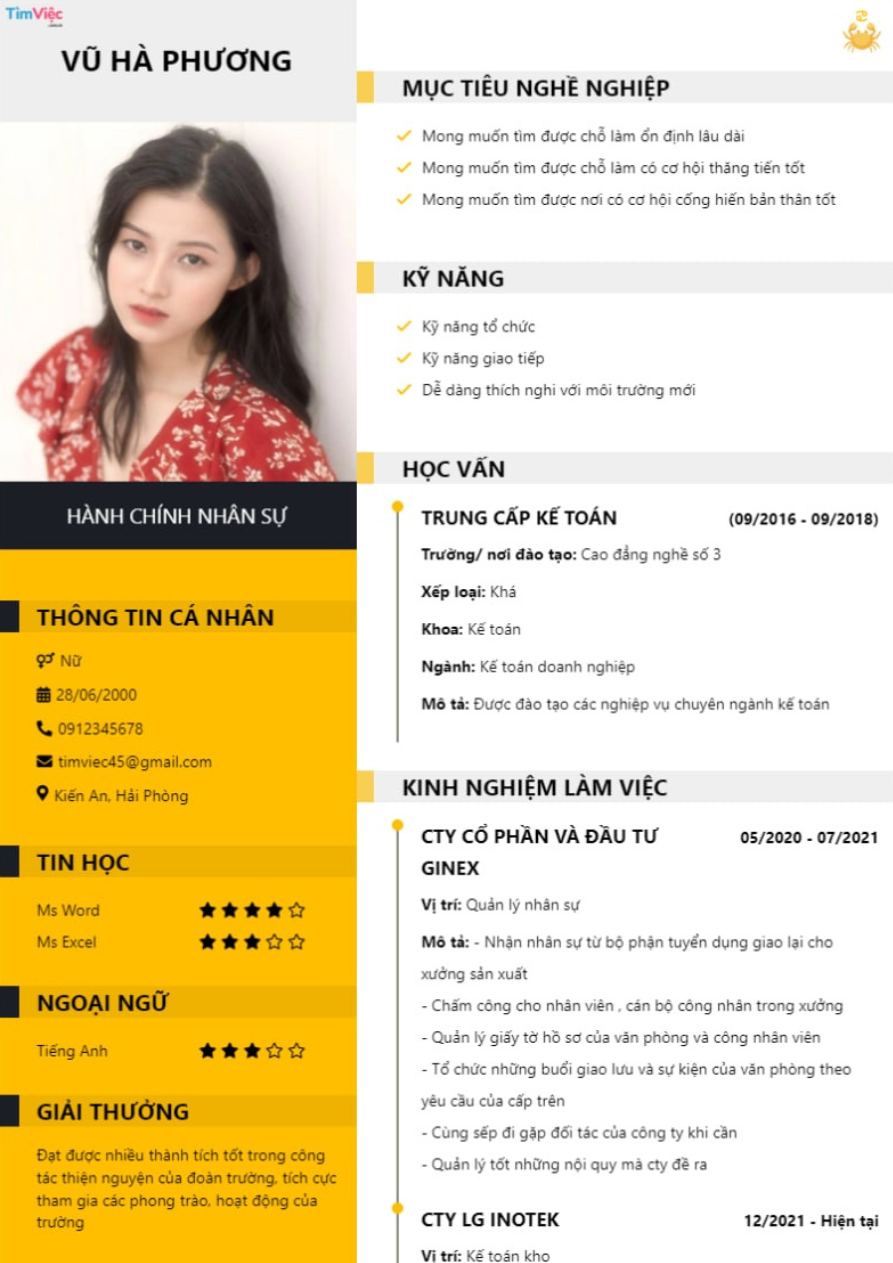 Mẫu CV cung Cự giải