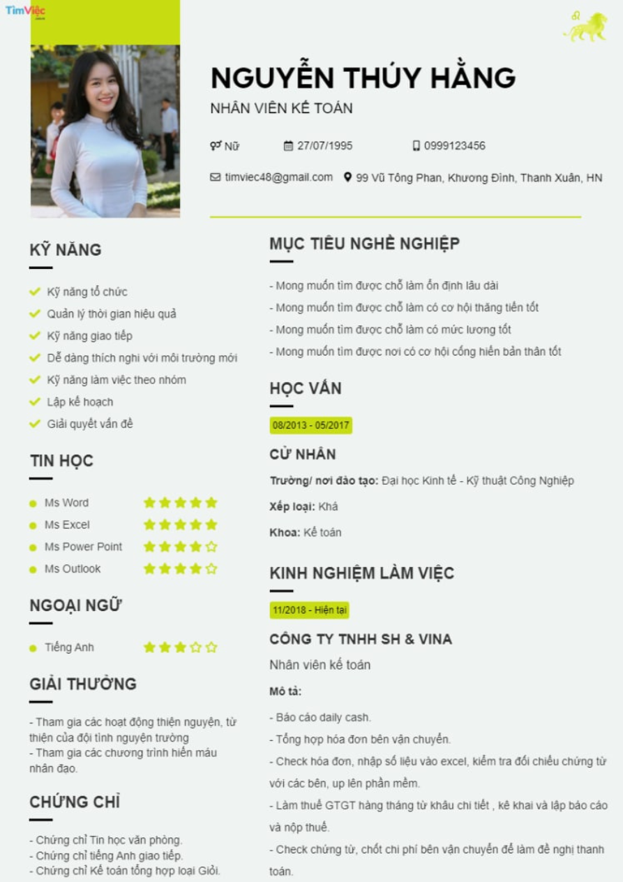 Mẫu CV cung Sư Tử