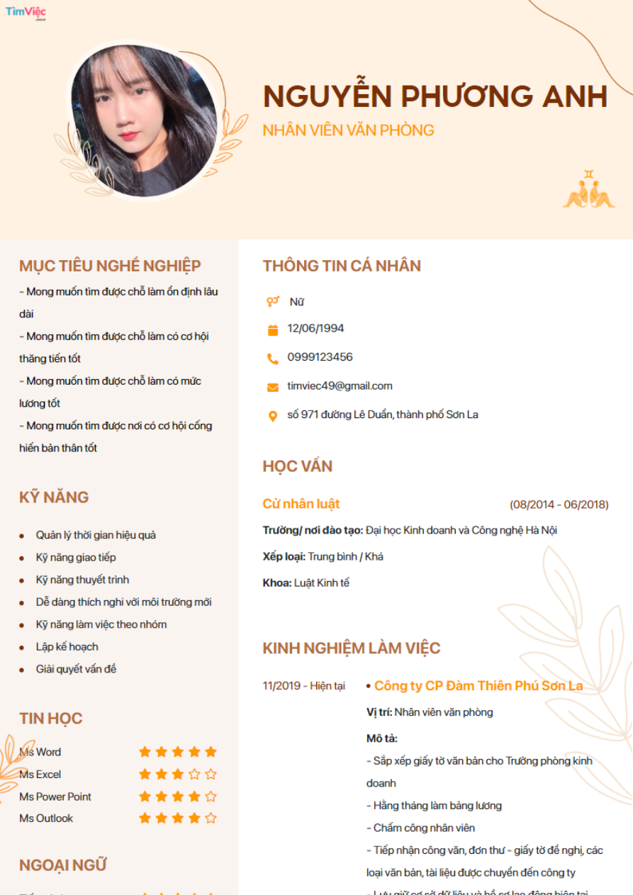 Mẫu CV cung Song Tử