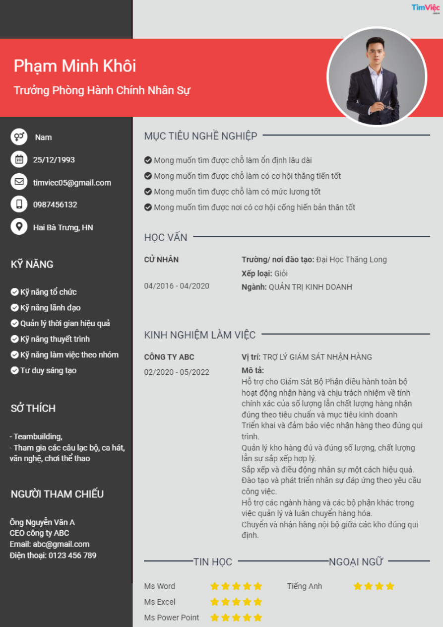 Mẫu CV Trưởng Phòng HC Nhân Sự