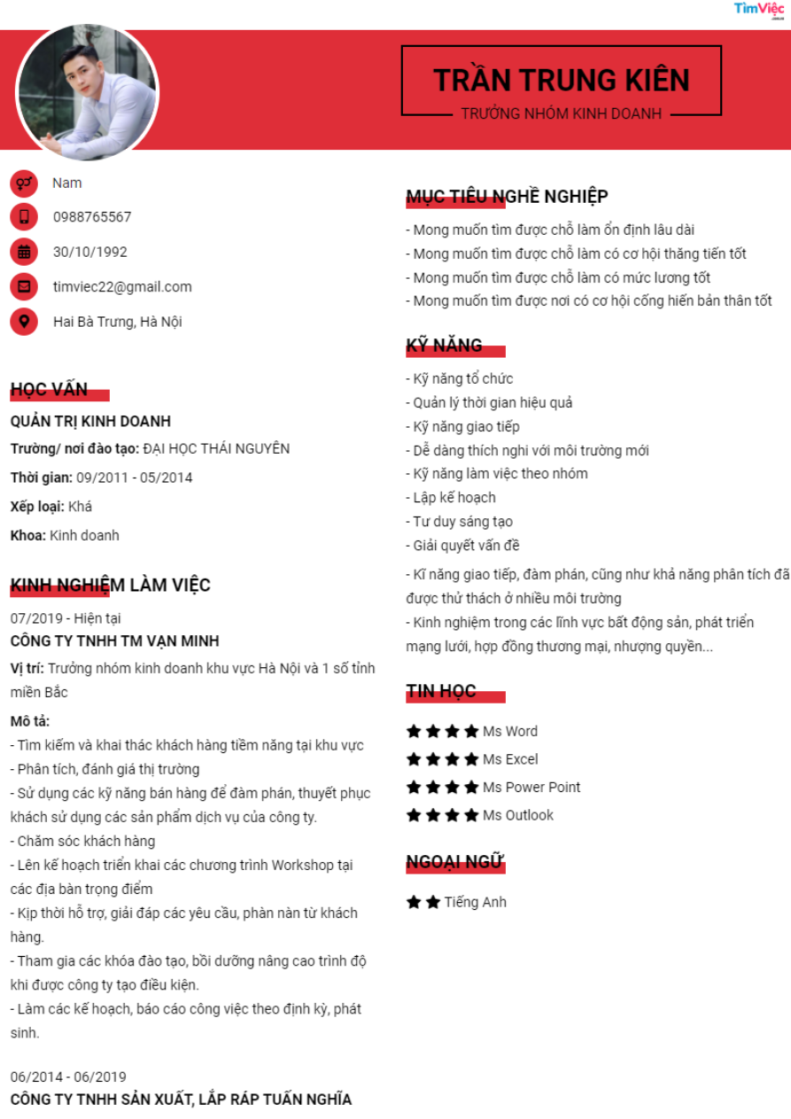Mẫu CV Trưởng Nhóm Kinh Doanh