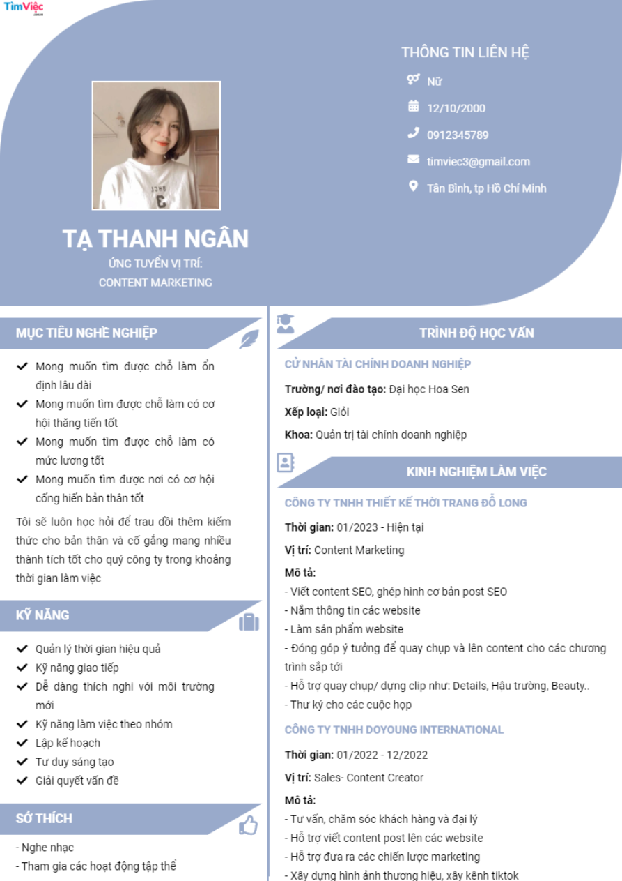 Mẫu CV Nhân Viên Content Marketing