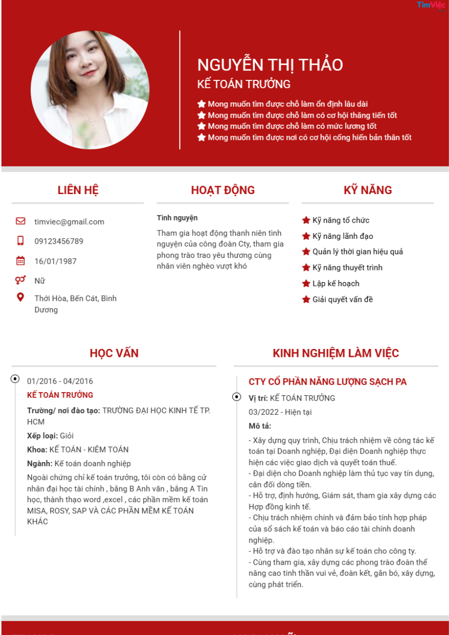 Mẫu CV Kế Toán Trưởng