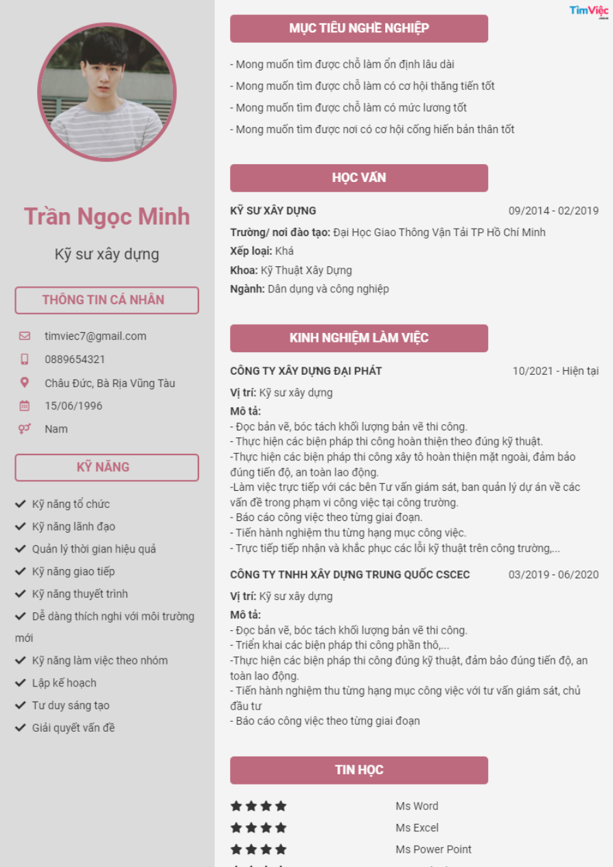 Mẫu CV Kỹ Sư Xây Dựng