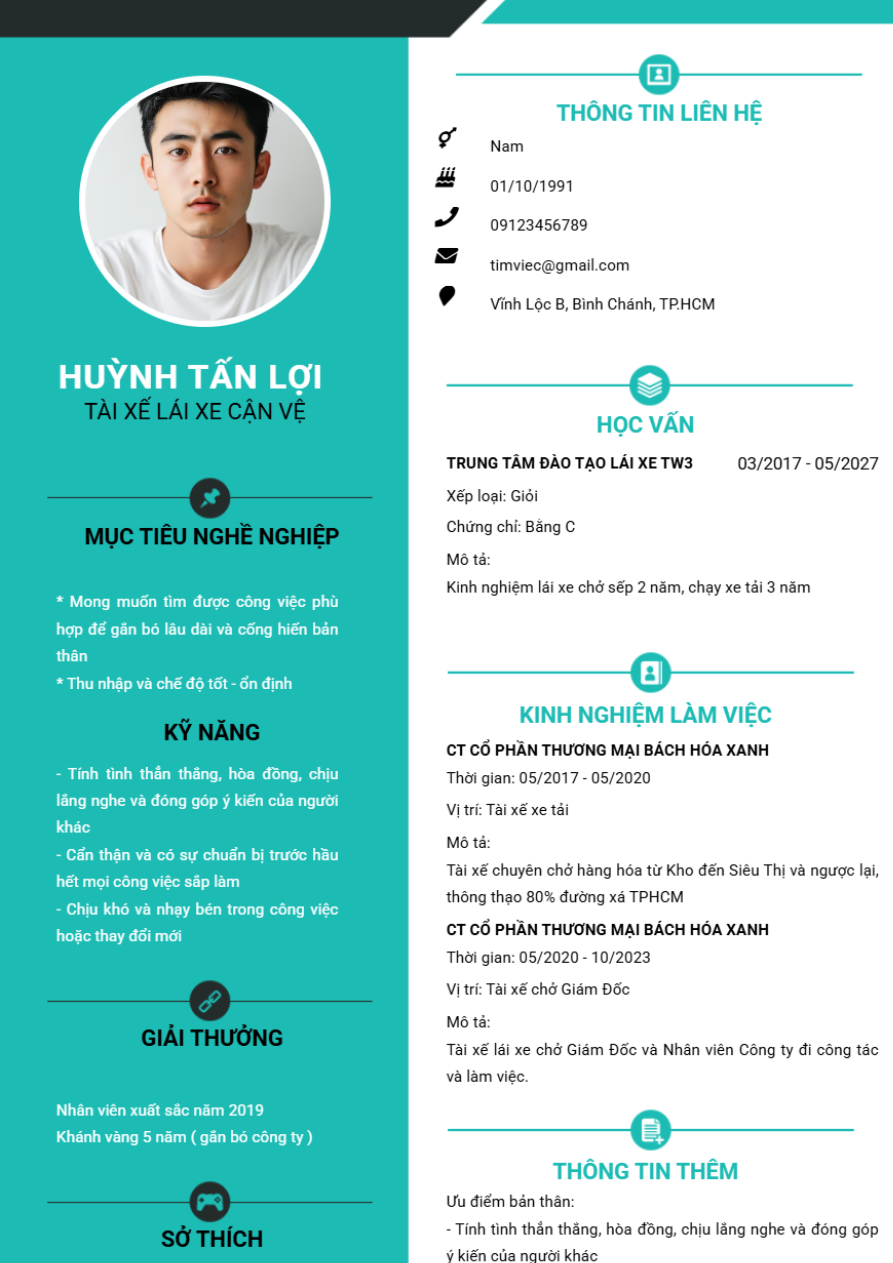 Mẫu CV xin việc Lái xe