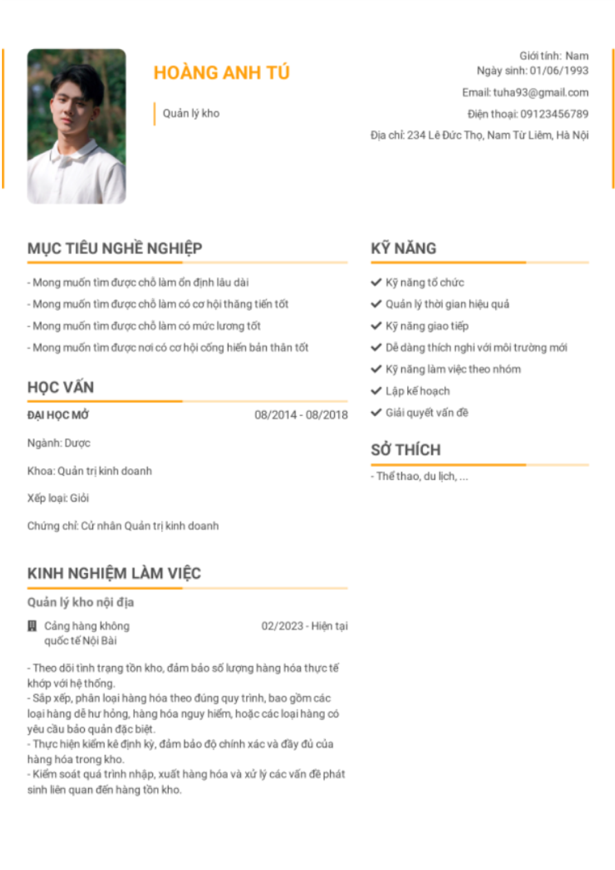 Mẫu CV nhân viên Kho