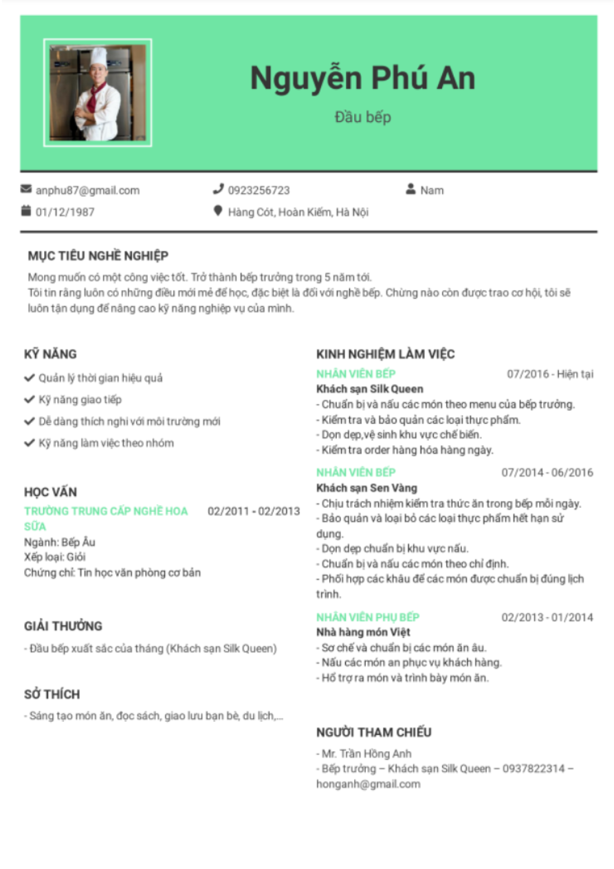 Mẫu CV Đầu Bếp