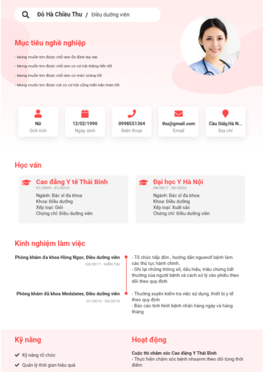 Mẫu CV xin việc Điều Dưỡng