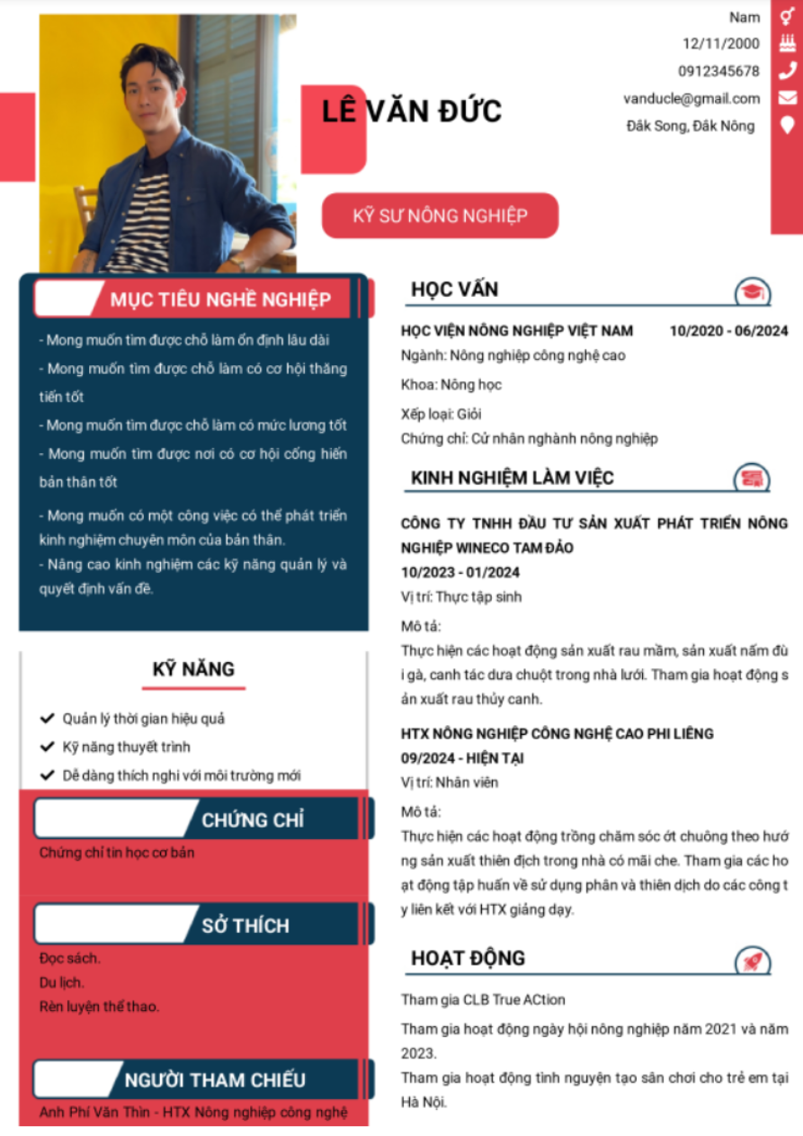 Mẫu CV xin việc ngành Nông Nghiệp