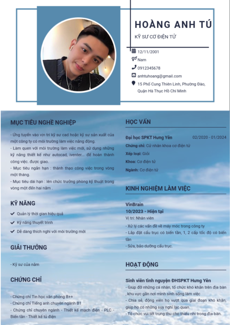 Mẫu CV xin việc ngành Cơ Điện Tử