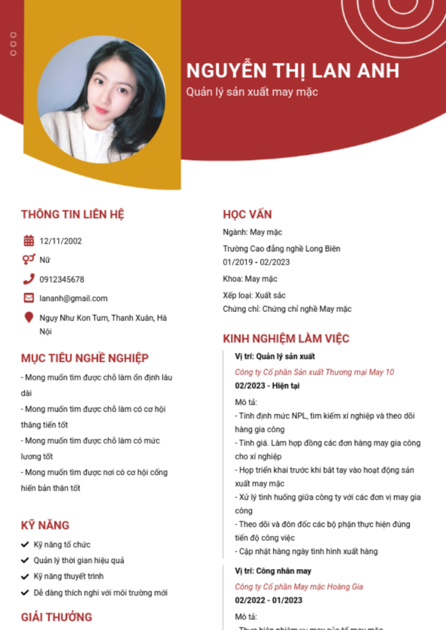 Mẫu CV xin việc ngành May