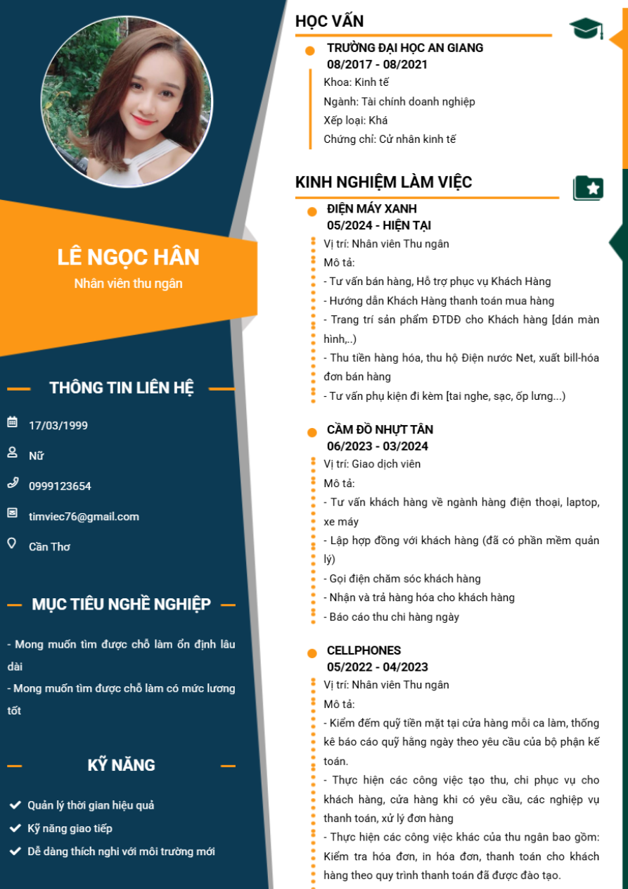 Mẫu CV thu ngân