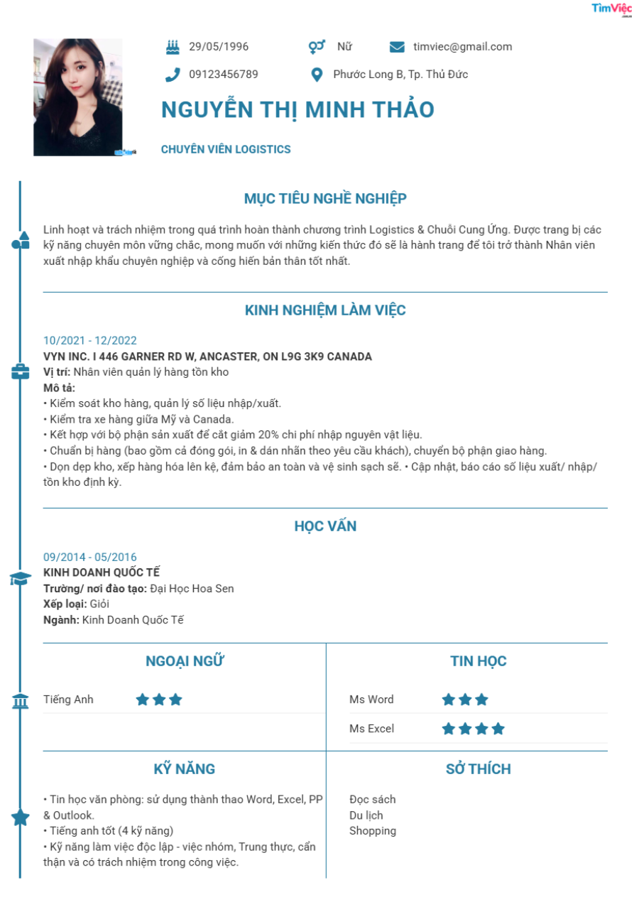 Mẫu CV chuyên viên logistics