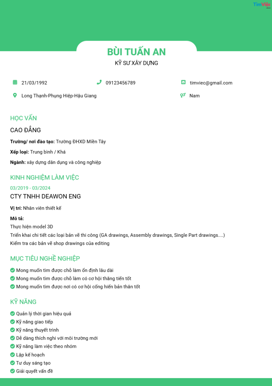 Mẫu CV xin việc đơn giản